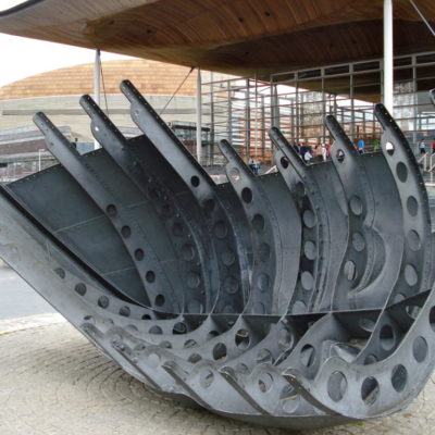 Photograph of steel scultpure called Merchant Seaman's Memorial by Brian Fell in Cardiff
