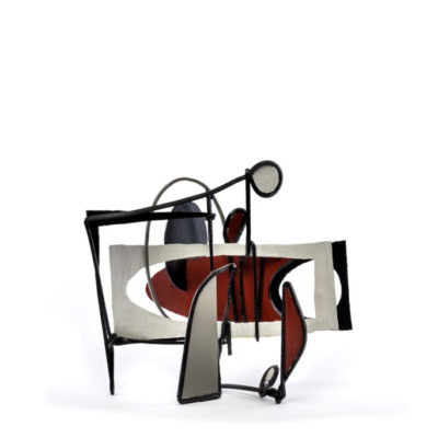 Stranded - View 2 Photograph of Stranded by Brian Fell. A black, red white and black painted metal astract sculpture. View 2 of 2