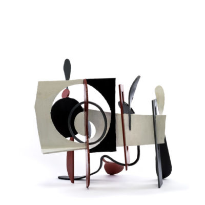 Tunnel Vision - View 2 Tunnel Vision by Brian Fell. A photograph of a red, grey , white and black abstract sculpture in painted metal. View 2 of 2