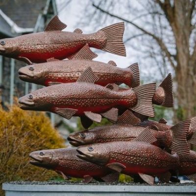 Photograph of Arctic Char steel statue Lake Windermere by Brian Fell and George Fell