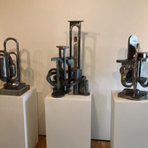 Photograph of Ringpull, Apricale, Slingshot all abstract architectural sculpture by Brian Fell at the Steelworks exhibition